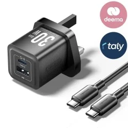 Vention 2-port usb (c + a) gan charger (30w/30w) with usb-c to usb-c cable (1m) uk-plug - black